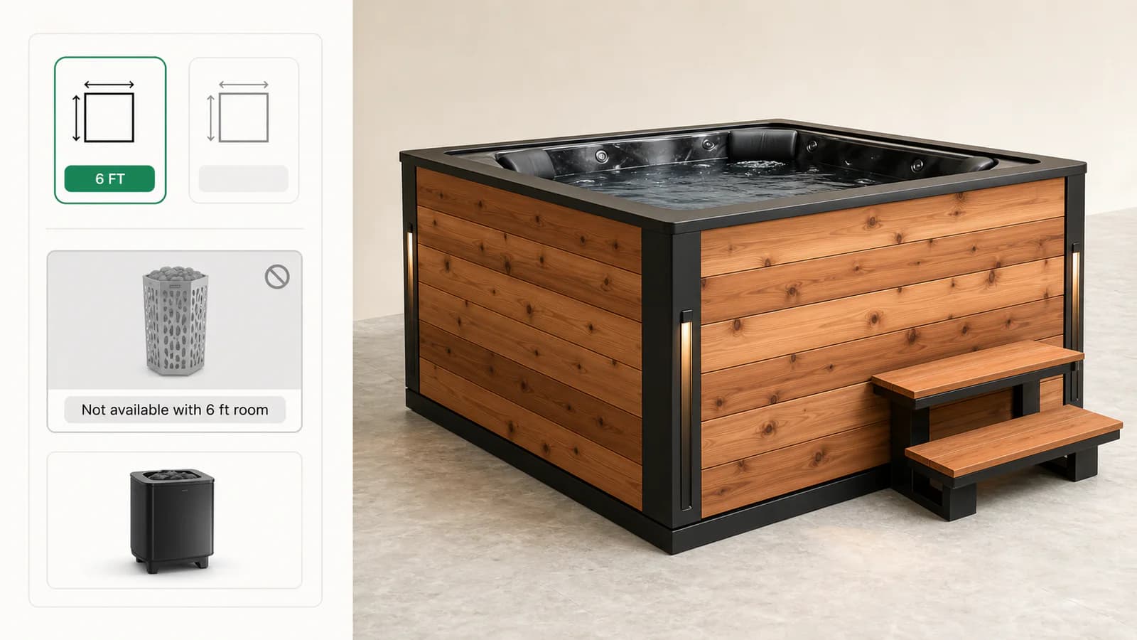 Option rules stopping an invalid cedar hot tub enclosure, with one heater choice greyed out because the room size chosen earlier rules it out.
