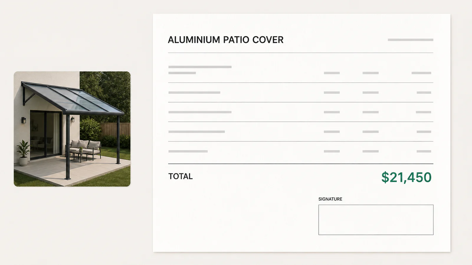 Quote for a configured aluminium patio cover, its line items generated from the build and a signature block waiting at the foot of the document.