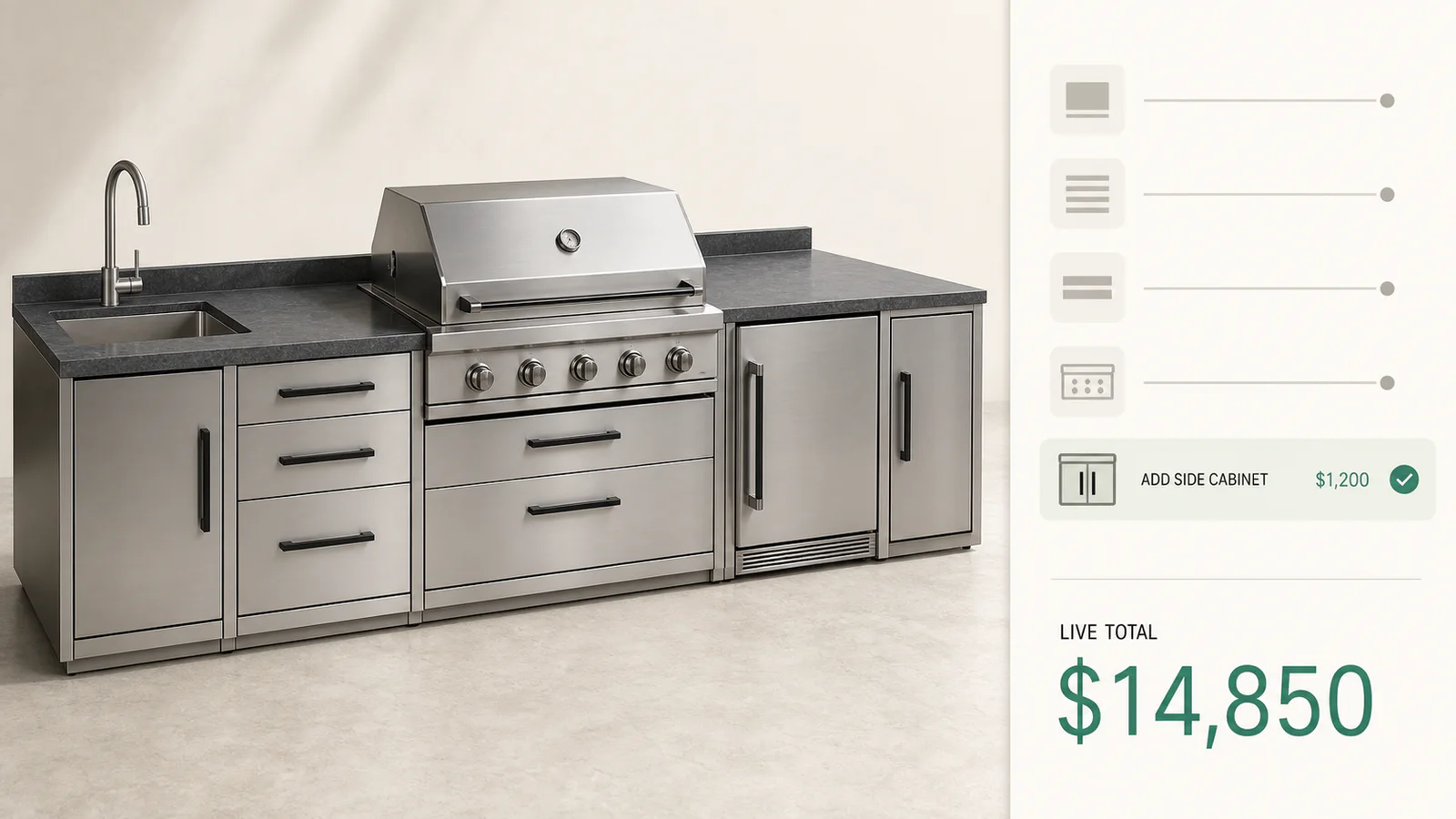 Running total on a configured outdoor kitchen island moving as a cabinet run is added, with every option priced on its own line.
