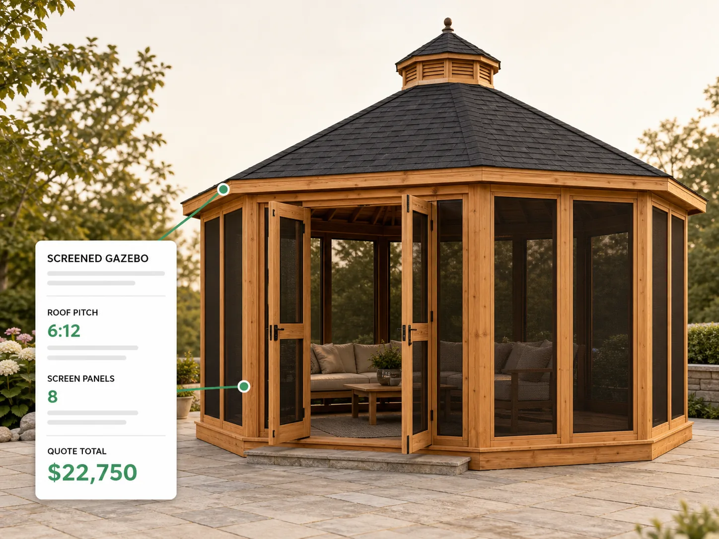 Screened cedar gazebo rendered beside the quote that prices it, the roof pitch and screen panels on screen matching the line items.