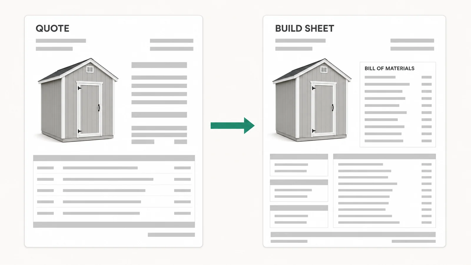 The signed quote for a 12 by 20 T1-11 utility shed and the build sheet the shop works from, generated from one configuration rather than assembled beside it.