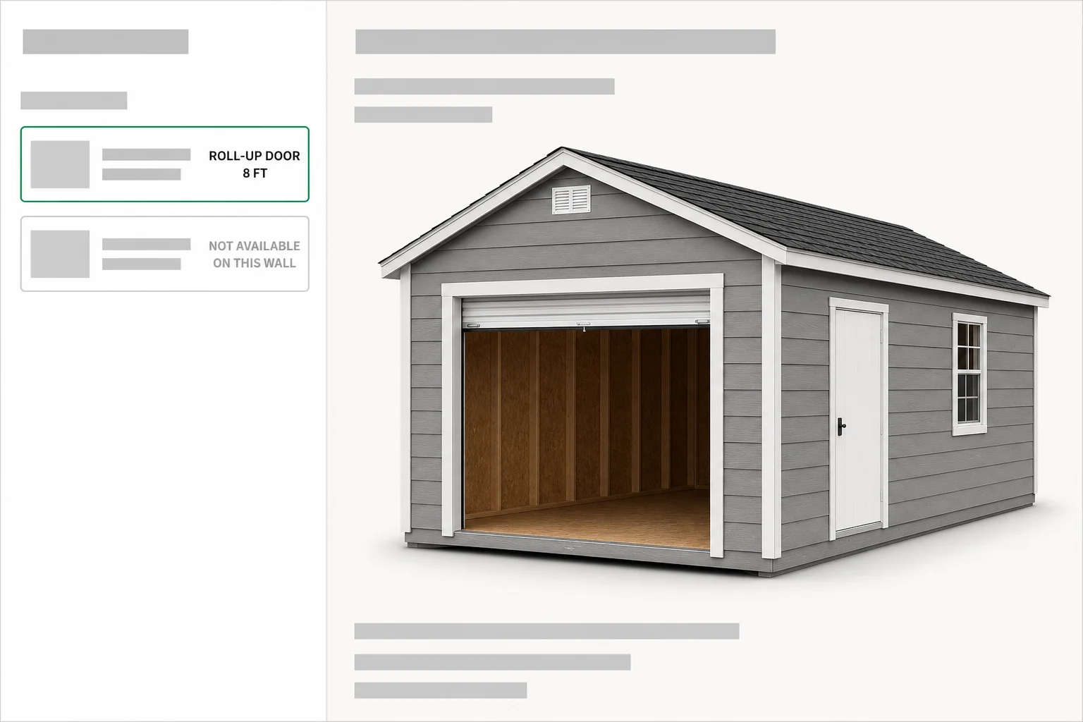 Shed configurator specifying a 12 by 24 garage shed, with the roll-up door greyed out on the wall run the trusses will not carry.