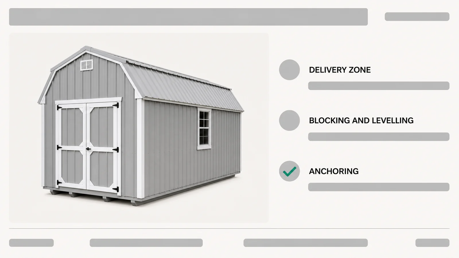 Delivery zone, blocking, and anchoring priced as options on a 10 by 20 painted steel mini barn, answered on the lot instead of added by phone two days later.