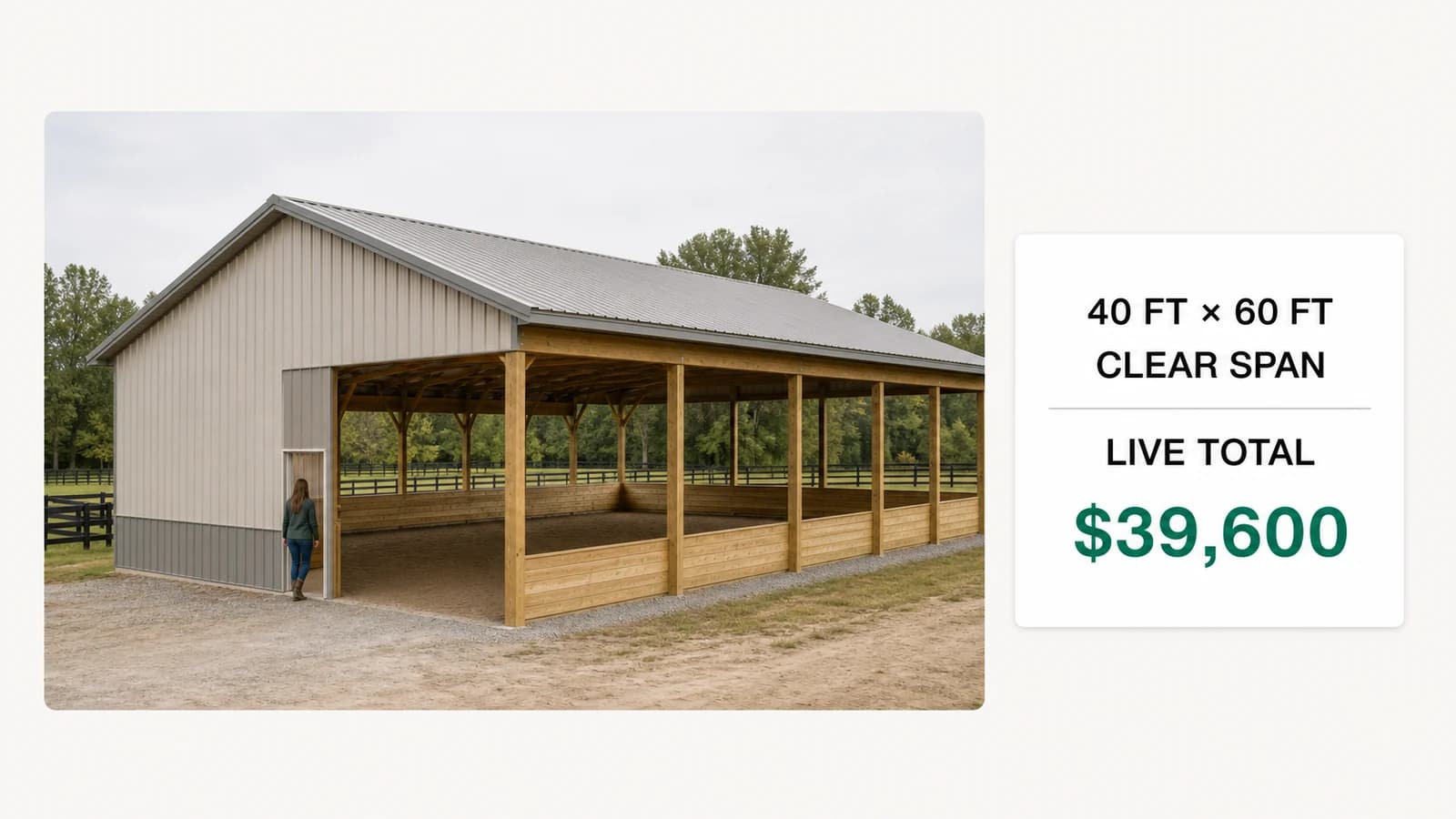 A 40 by 60 post frame equestrian arena shown on screen at full size, the building a buyer standing beside a small shed cannot picture from a description.