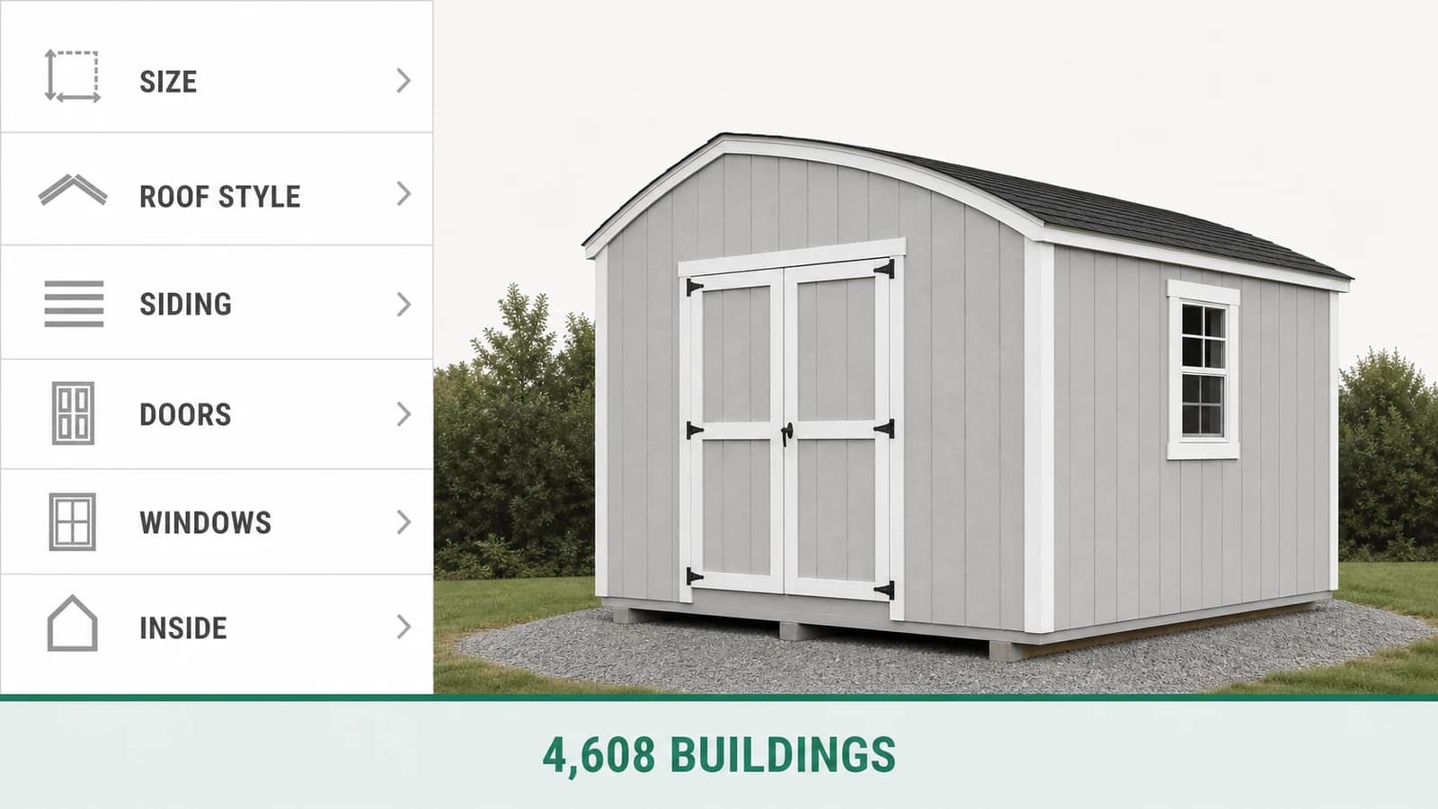 Six option groups behind one 10 by 16 quaker shed, listed as size, roof style, siding, doors, windows, and interior, with the number of buildings that list makes under them.