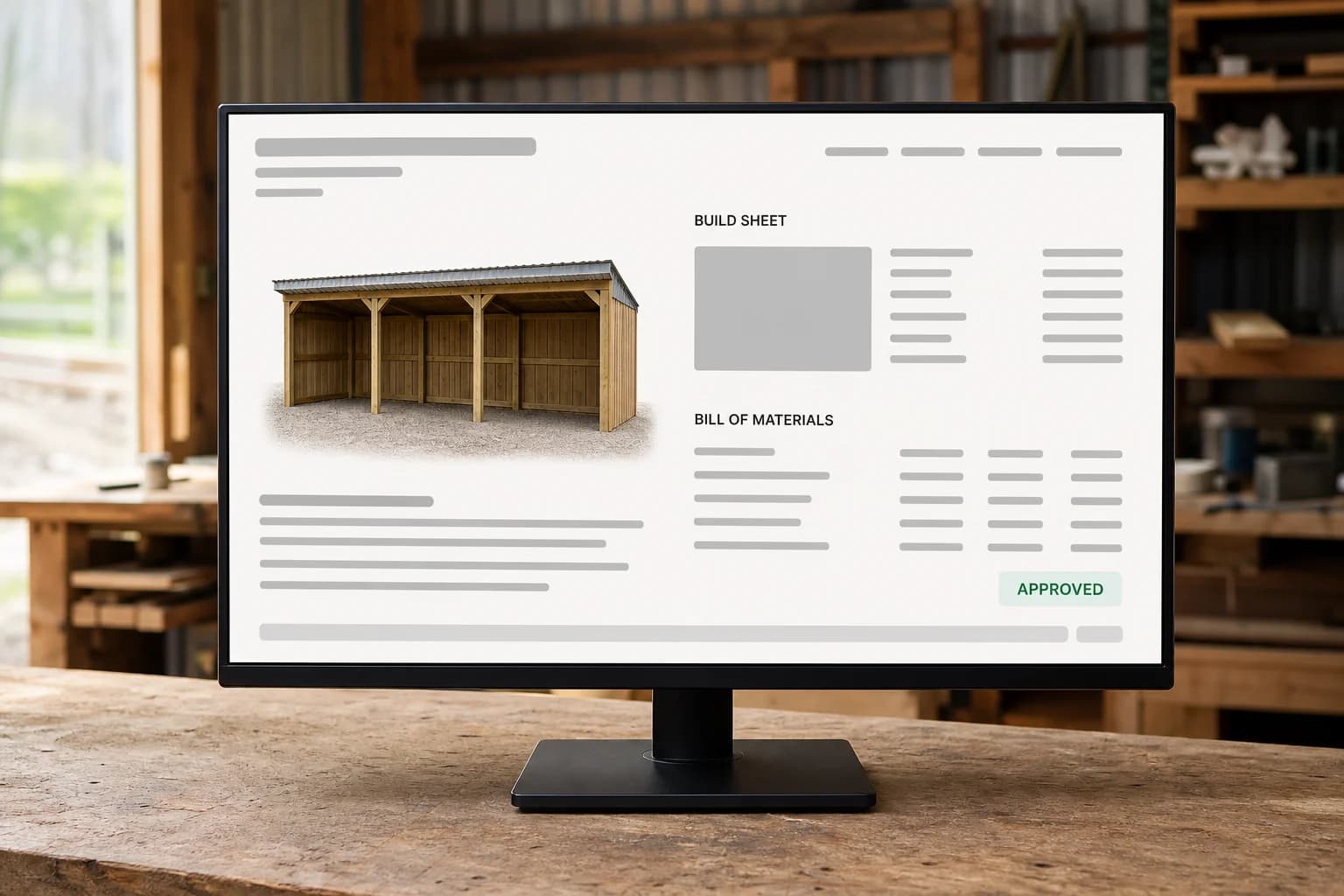 An approved 16 by 40 run-in loafing shed order on a monitor in the shop, its build sheet and bill of materials carried over from the configuration.