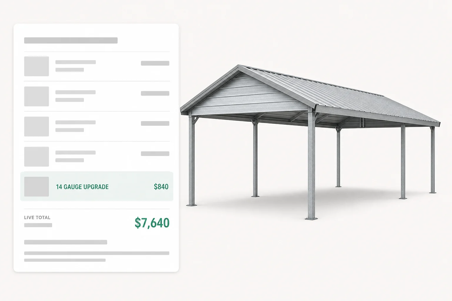 Live pricing on a 20 by 26 boxed eave steel carport, with the heavier gauge priced on its own line as the span changes.