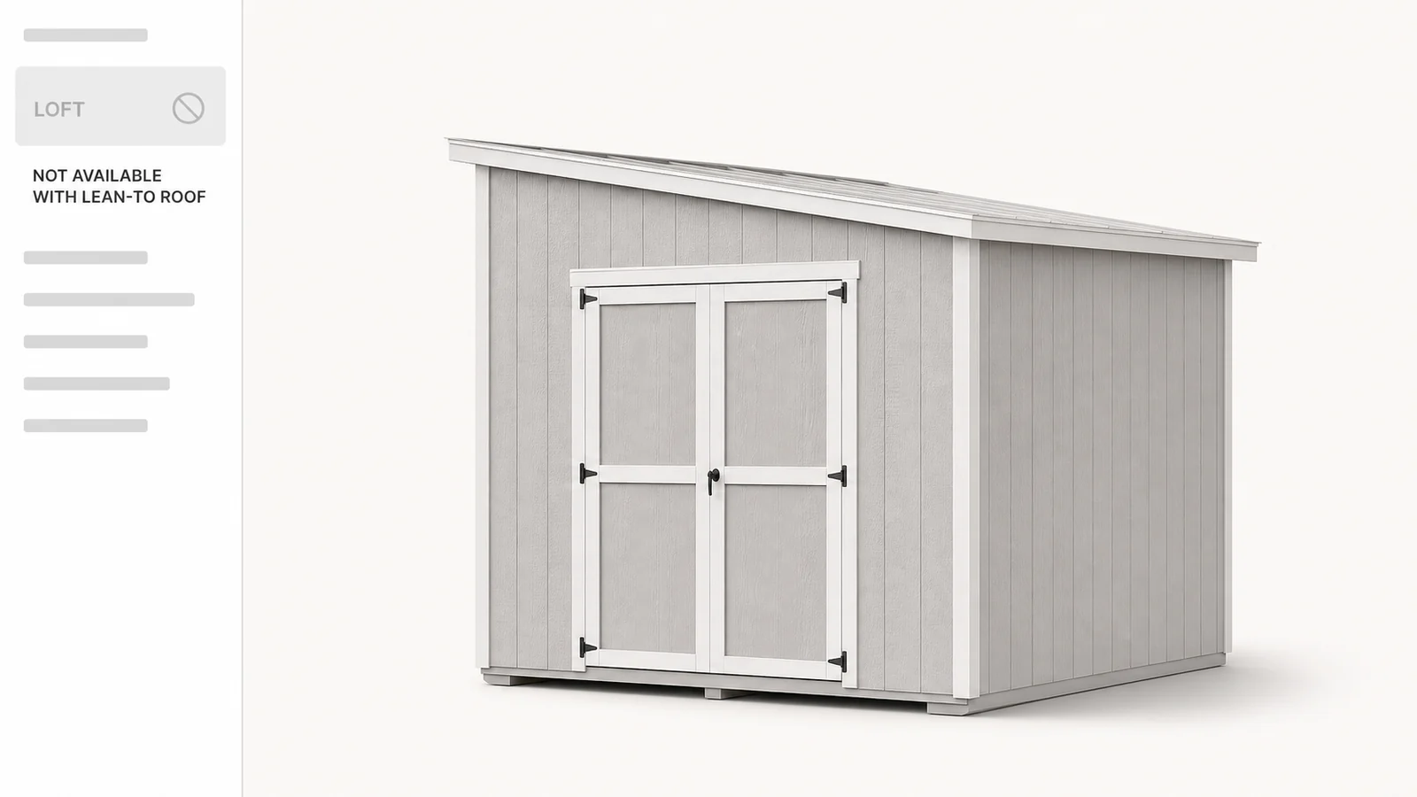 Option rules stopping an invalid 14 by 32 lofted barn cabin, with the loft greyed out because the lean-to roof picked earlier will not carry it.