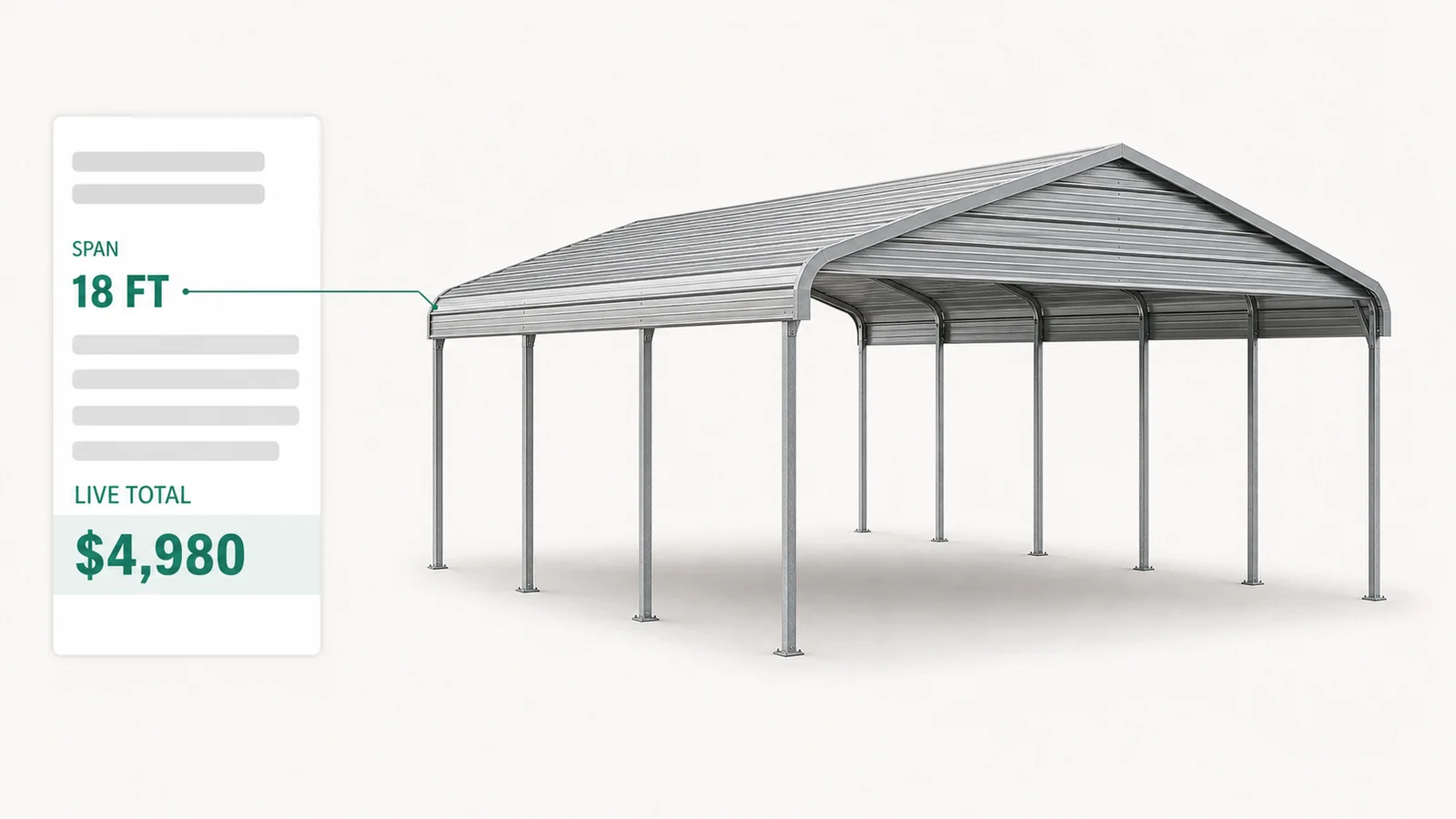 Running total on a configured 18 by 21 double carport moving as the span changes, with every option priced on its own line.