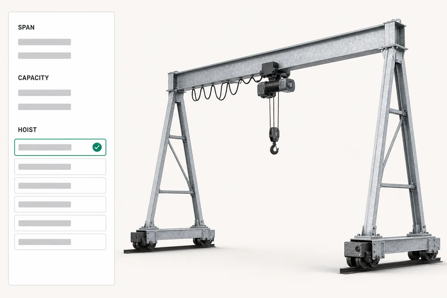 Configuring a gantry crane, with span and capacity answered first and the hoist options narrowing as the model redraws.
