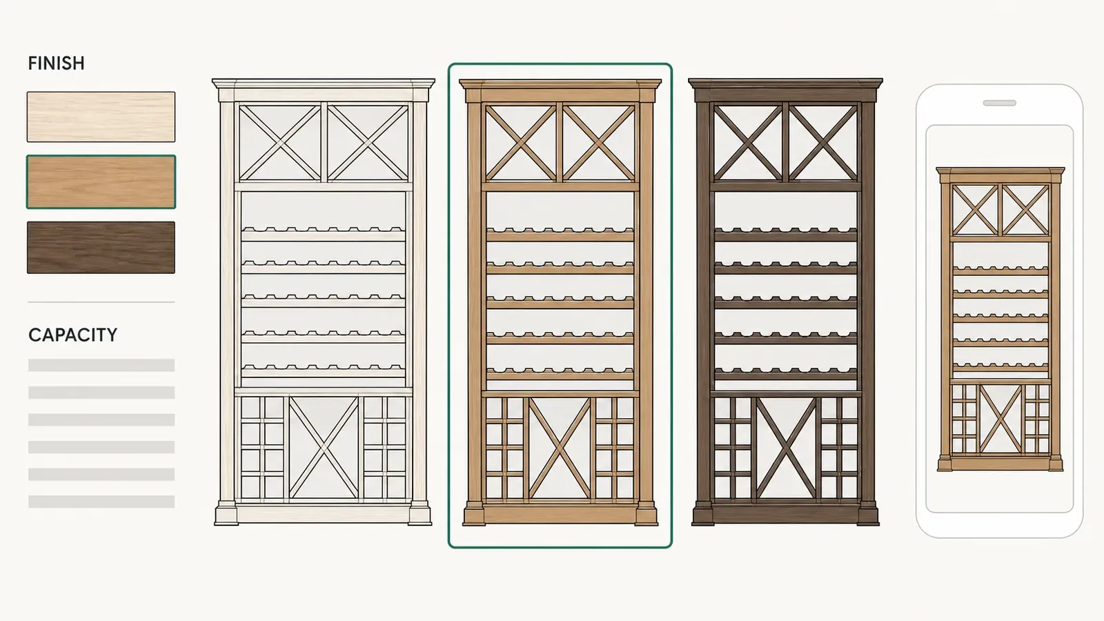 A layered 2D view of wine cellar racking swapping flat artwork as the timber finish and bottle capacity change.