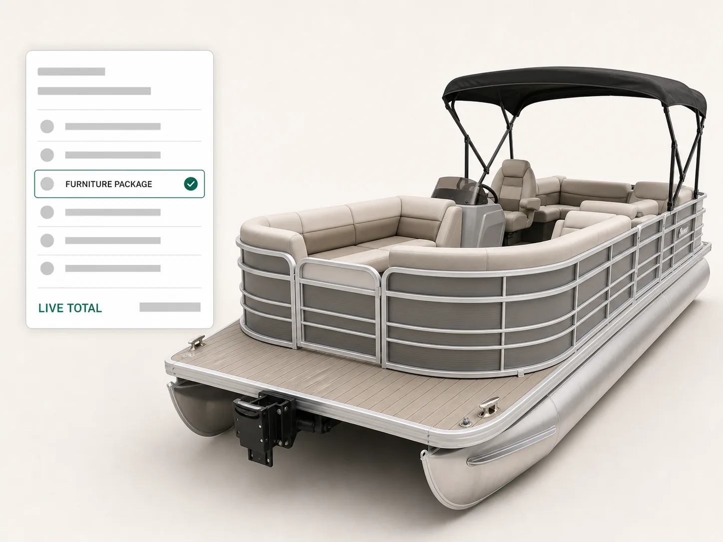 Visual CPQ screen configuring a pontoon boat, the deck layout and railing options left and the running total moving.