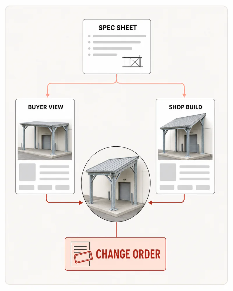 The gap a spec sheet leaves: one specification read two ways, a sketch going back and forth, and a late change order.