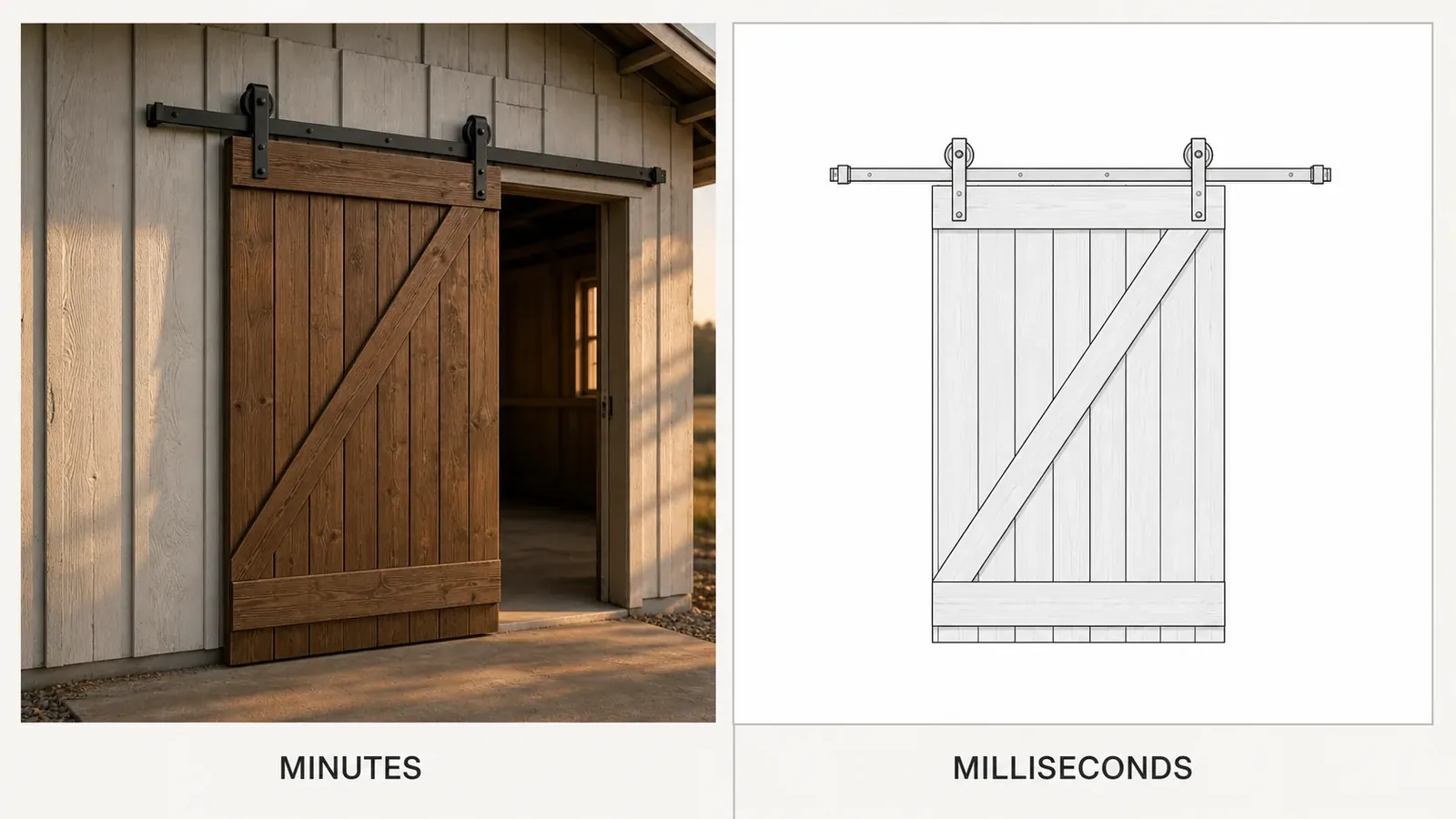 A brochure grade render of a sliding barn door beside the same door drawn as the fast configurator view.