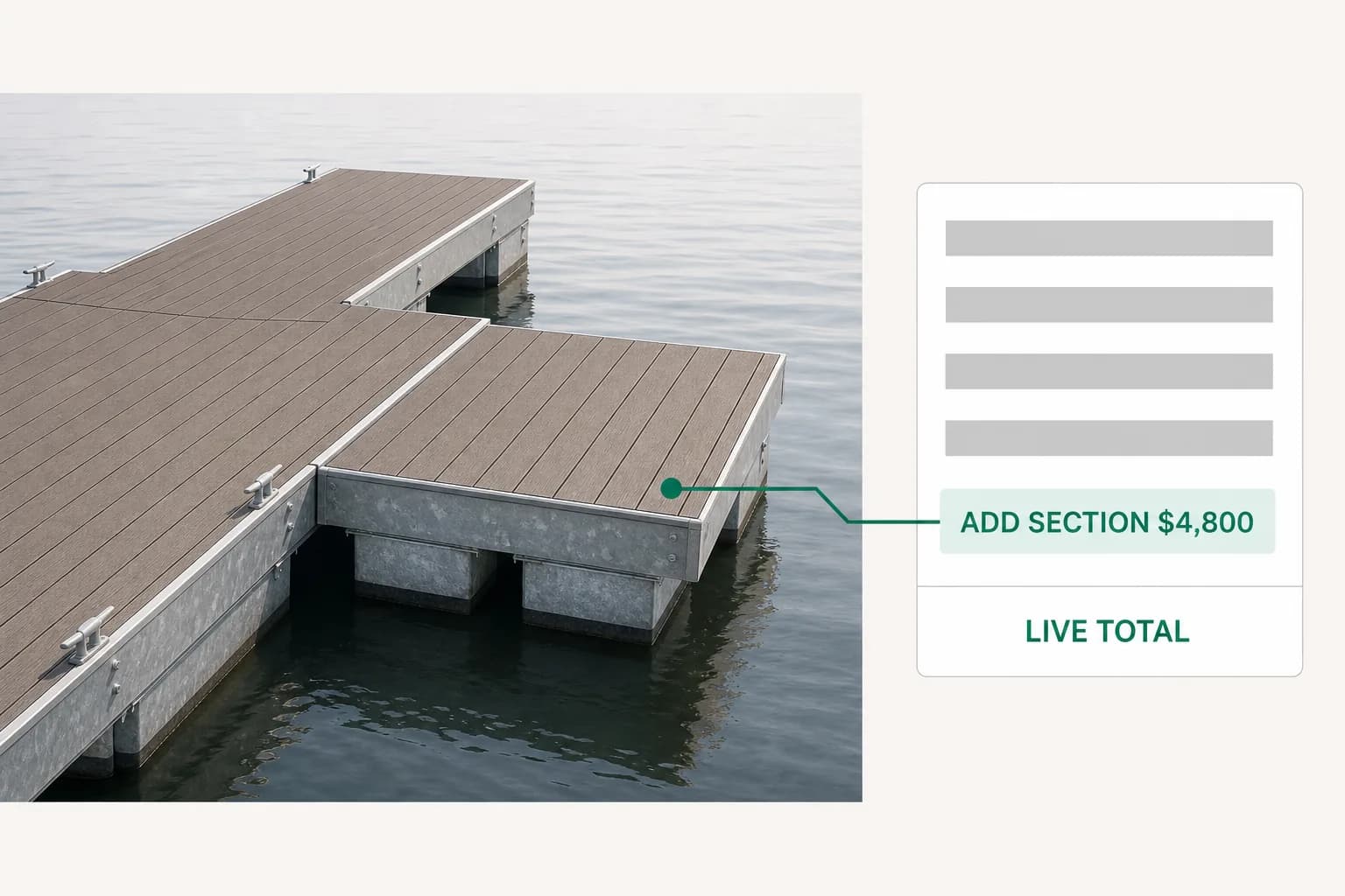Live pricing beside a configured floating marina dock, each section priced on its own line, the total rising as one is added.