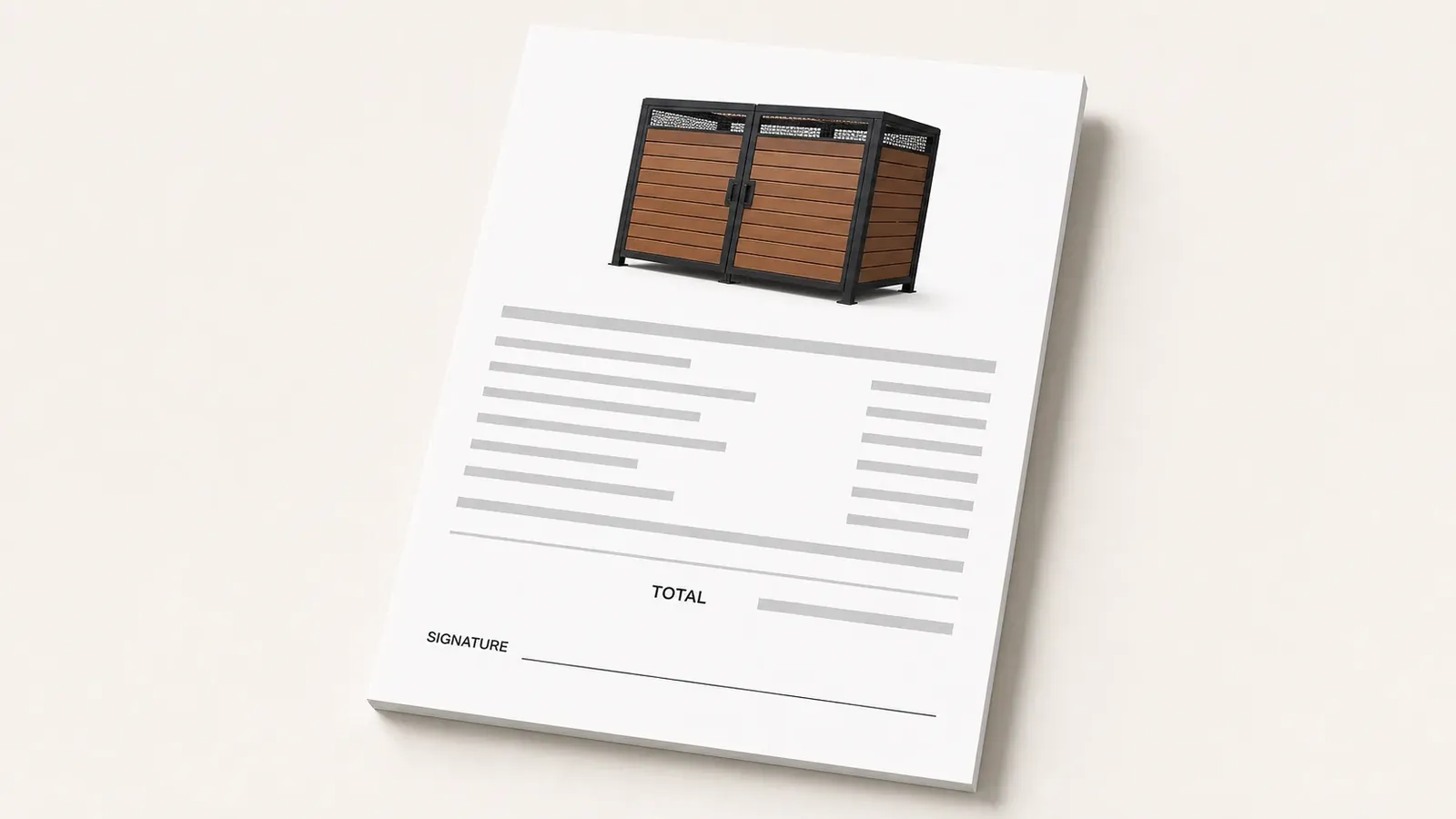 A quote for a configured trash enclosure, the render of the approved build printed on it and a signature block at the foot.