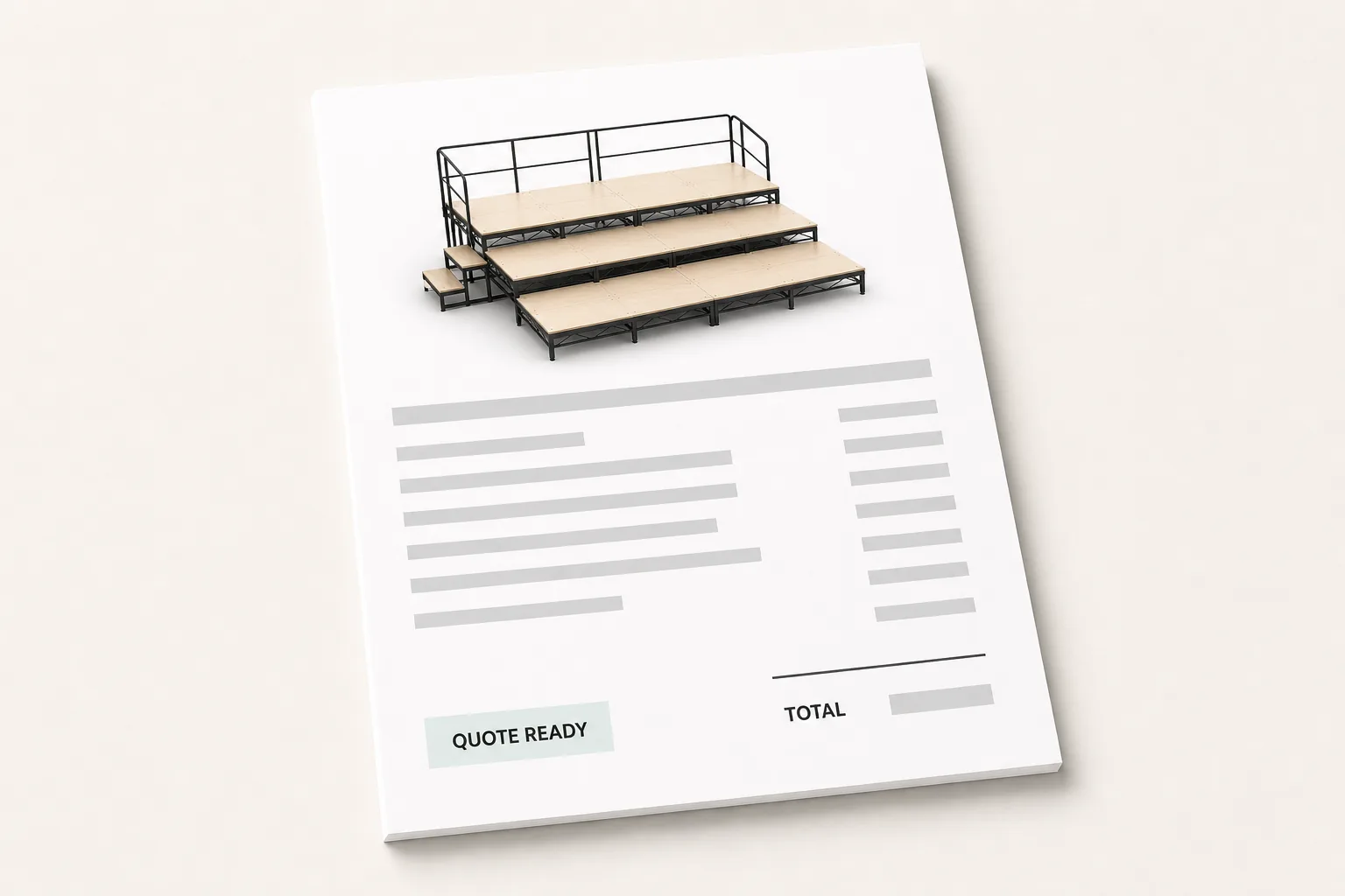 Finished quote for a configured stage riser, the render of the build printed on the document and a quote ready status.