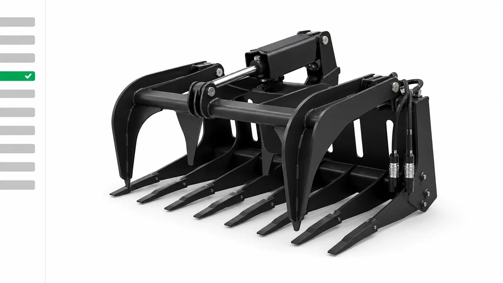 A skid steer attachment redrawing in real time as the cutting edge and hydraulic options change, with no image library.