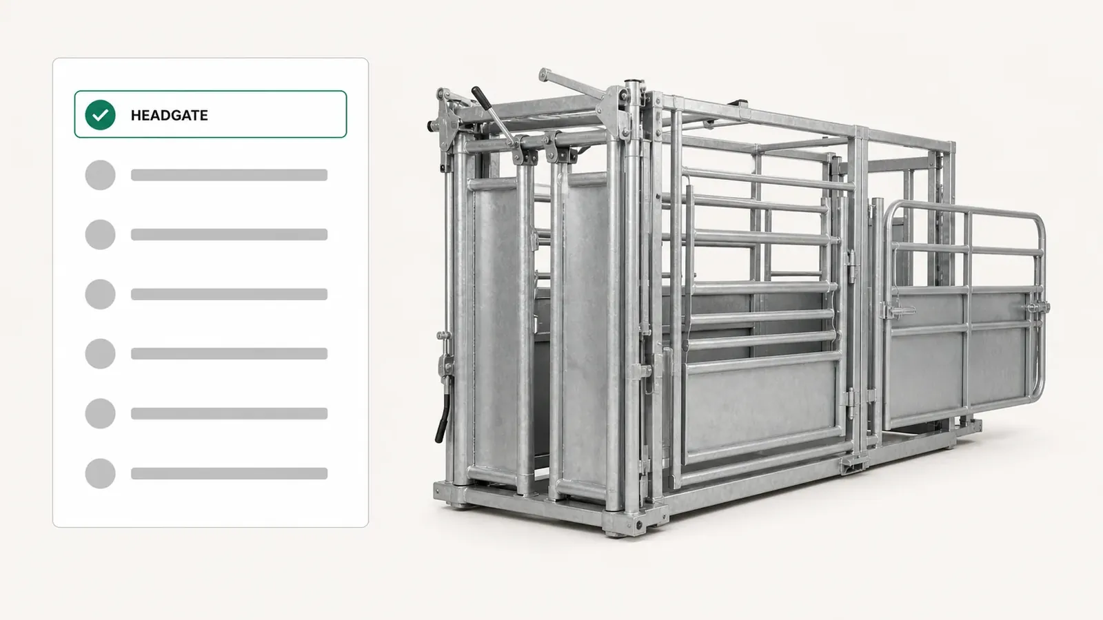 A livestock squeeze chute redrawing in the browser as the headgate and side exit options change, with no plugin installed.