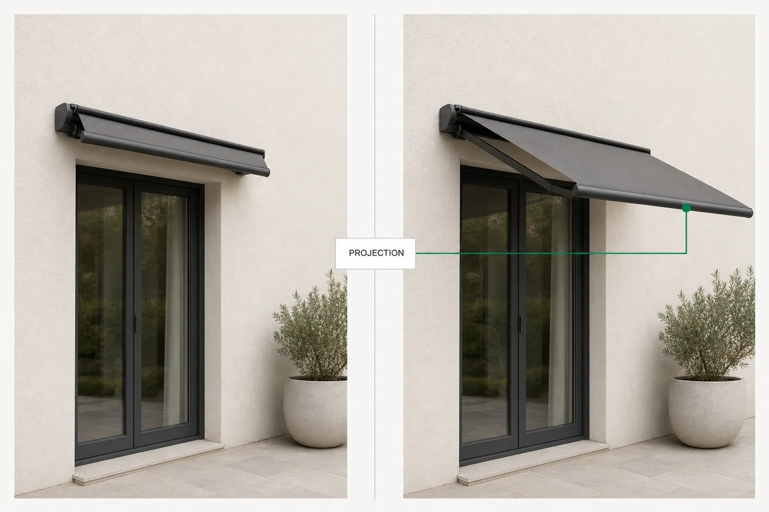 One retractable awning at two projections side by side, the same configuration driving the picture and the priced lines.