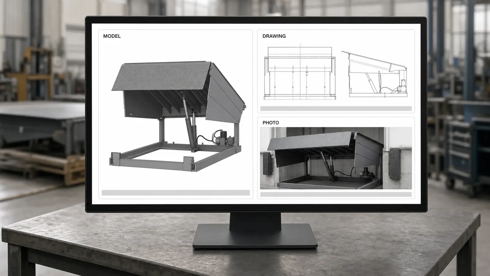 A shop drawing and a photograph of a hydraulic dock leveller becoming the configurable model, with no CAD file needed.