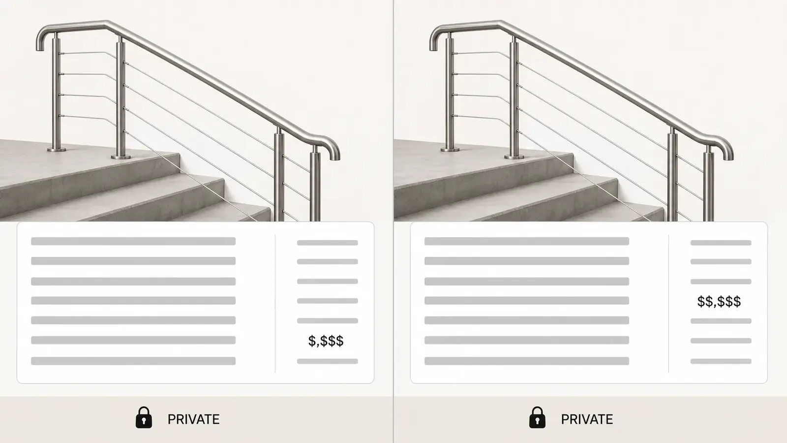 Two dealer price lists against one stainless handrail system, each dealer seeing their own numbers and not the other's.