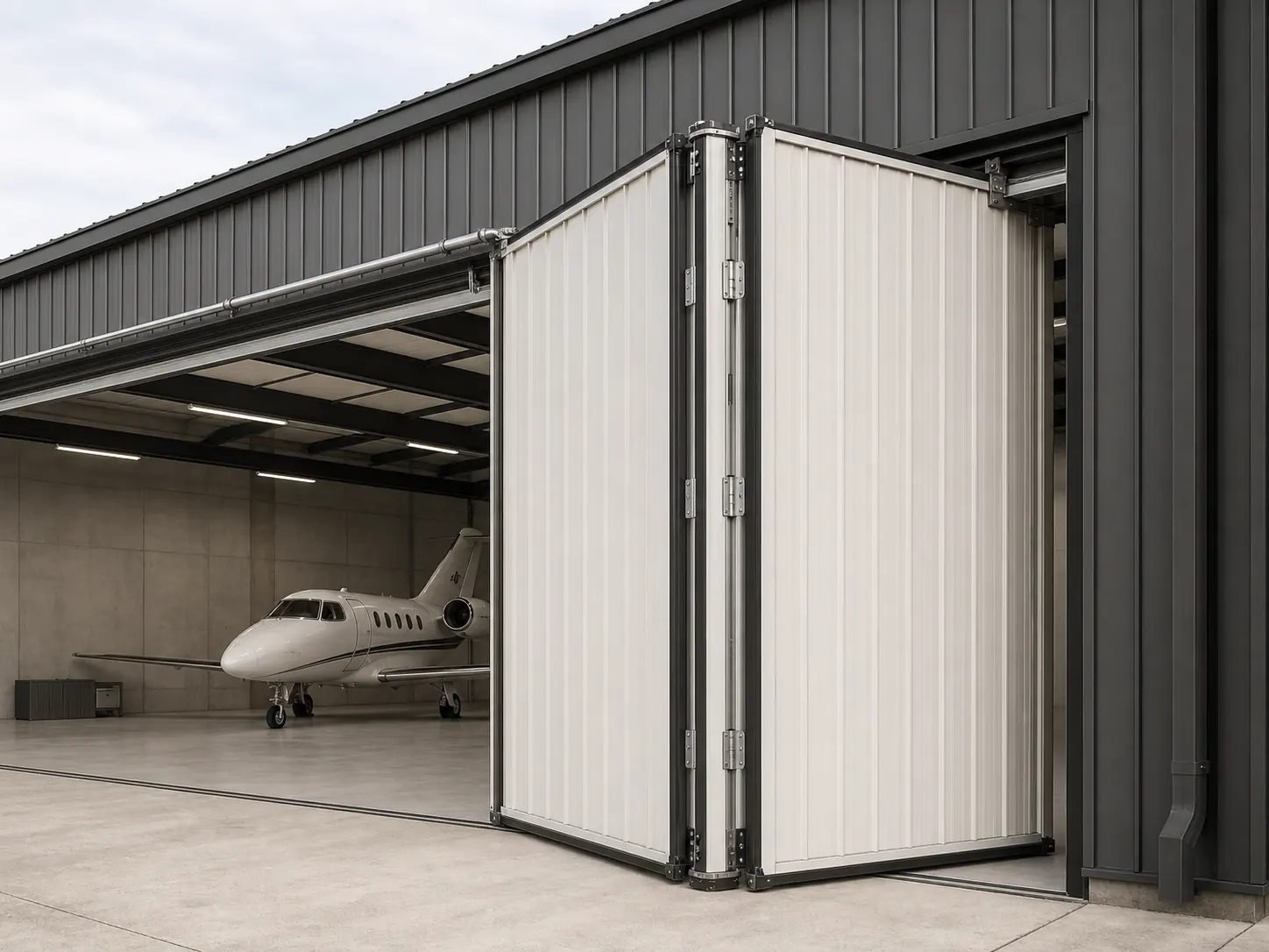 A configured aircraft hangar door on the building it was specified for, the panel count and drive package for that opening.