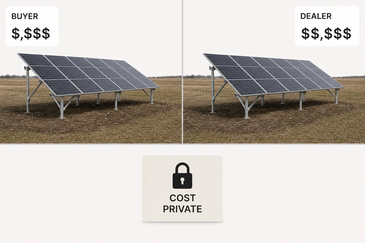 One configured solar ground mount array carrying three prices at once, the buyer's, the dealer's, and your own cost.