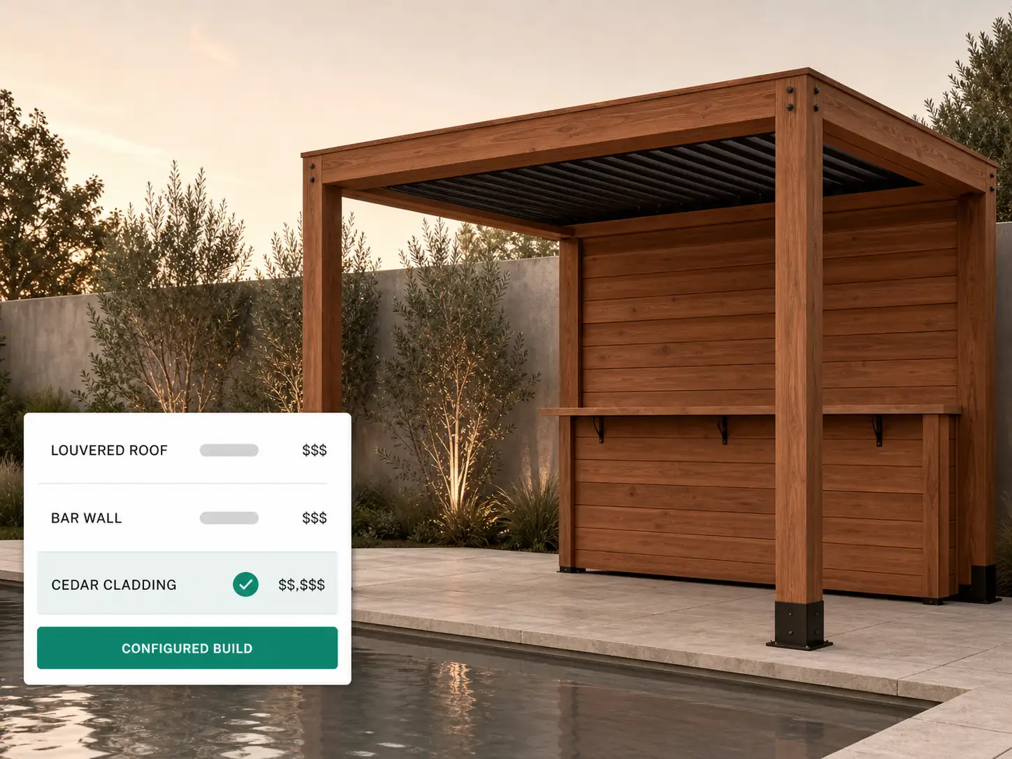 A configured cedar poolside cabana with a louvered roof and one bar wall standing beside a pool in evening light, a floating card naming its chosen options