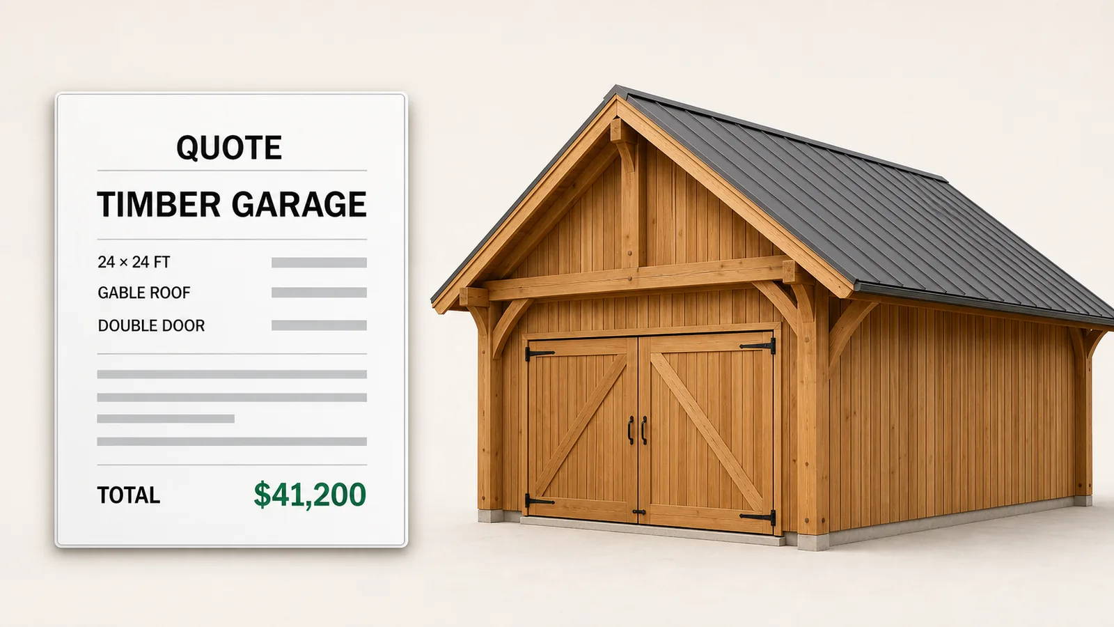 A configurator quote for a timber two-car garage rendered as a finished sheet, every option priced and the build already checked against the factory rules