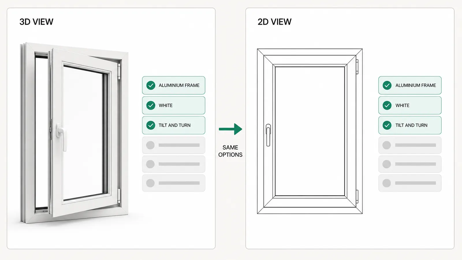 The same aluminum tilt and turn window shown twice, as a live 3D render and as a flat 2D elevation drawing, with identical options picked beside each