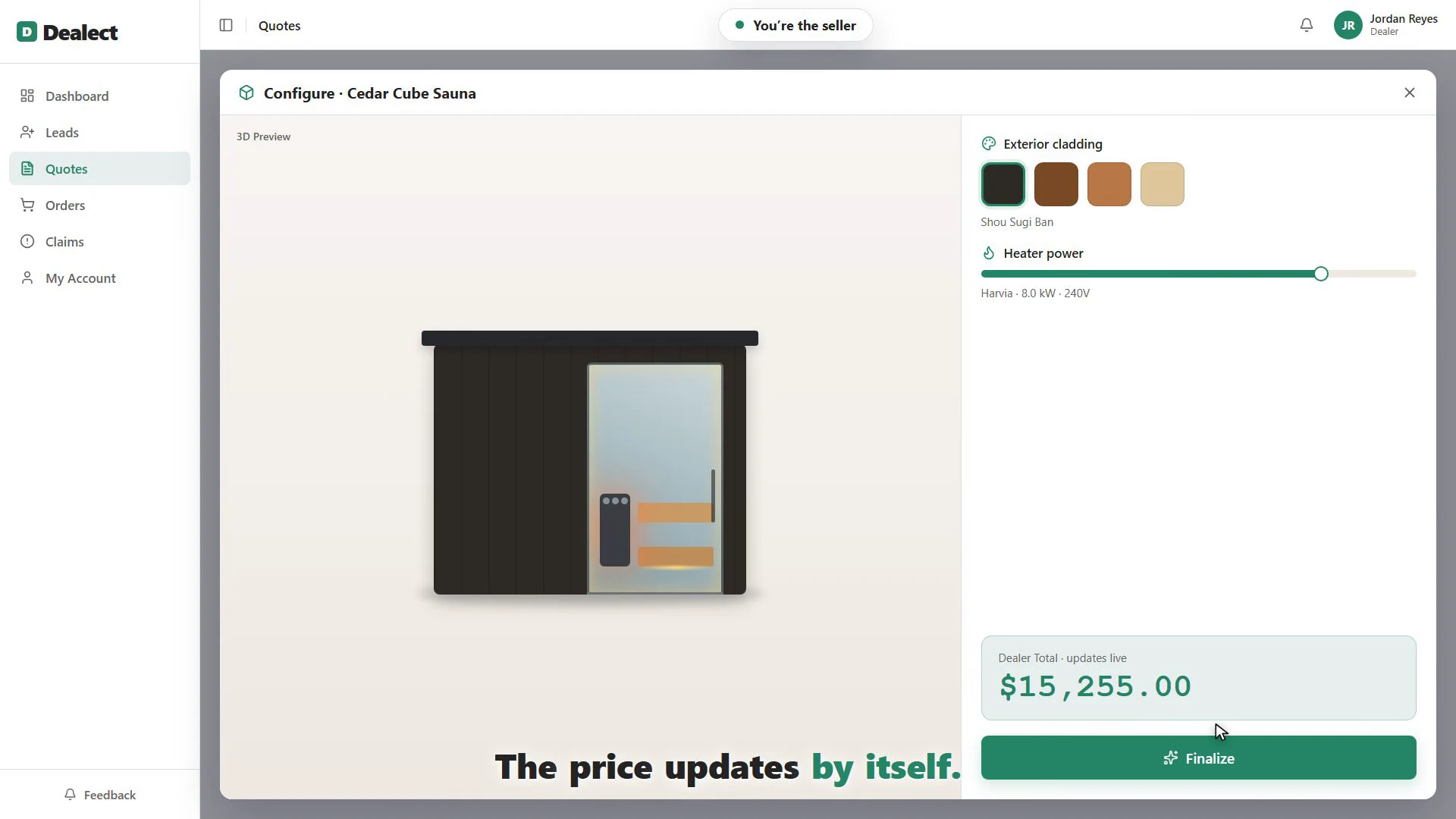The Dealect dealer configurator mid-build, with the price total updating live.