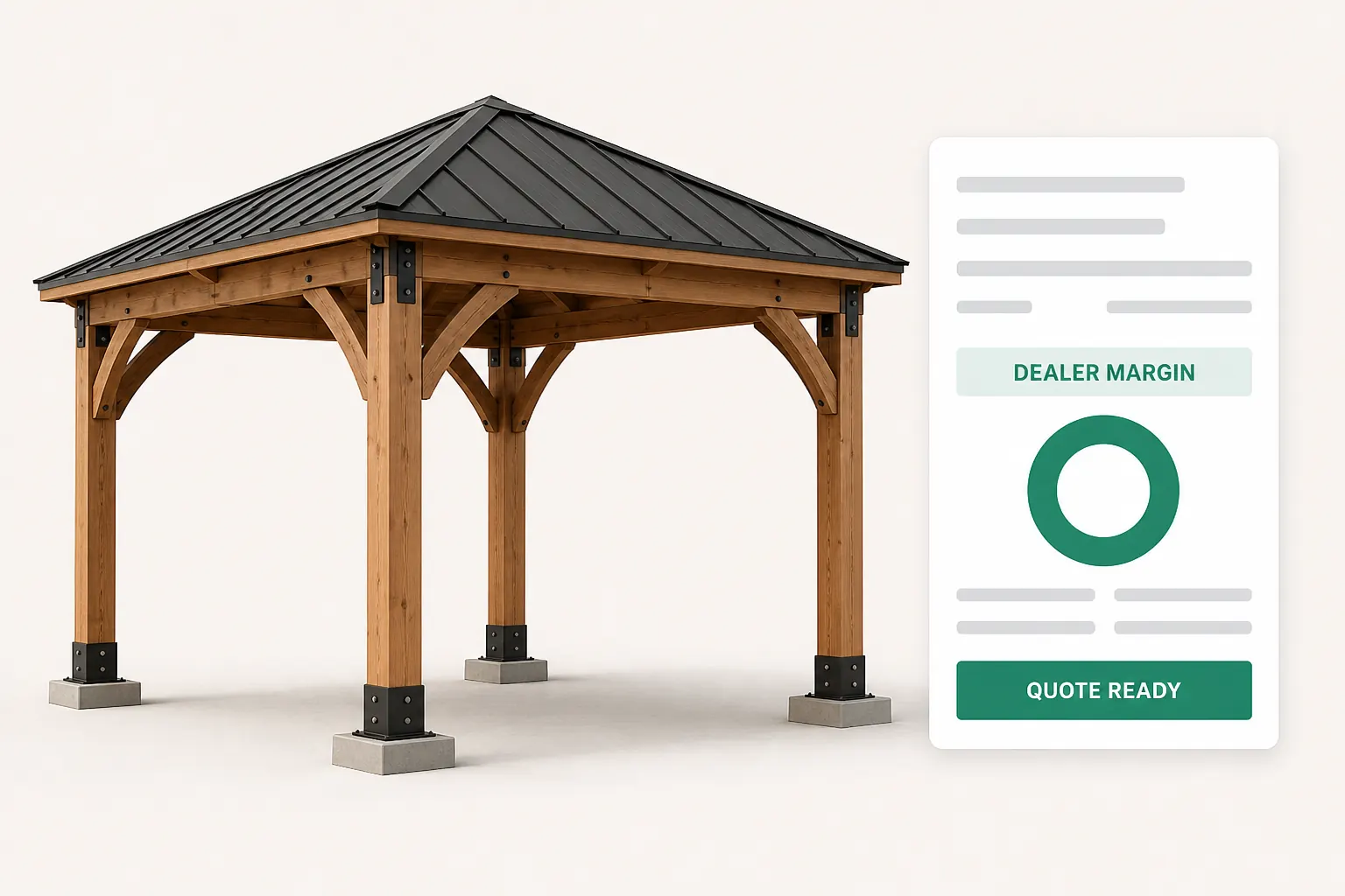 A dealer configures a timber gazebo on one screen while the manufacturer's rules and price list feed the quote, the model this guide walks through for a dealer network