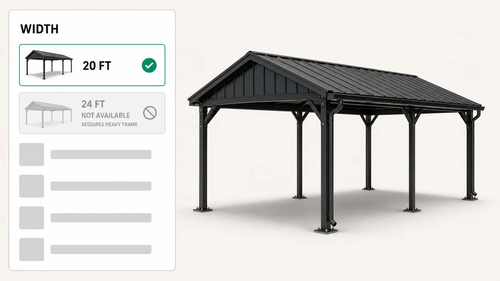 Configurator screen blocking an invalid carport pick, the rule naming why the option cannot be built and the valid alternatives beside it