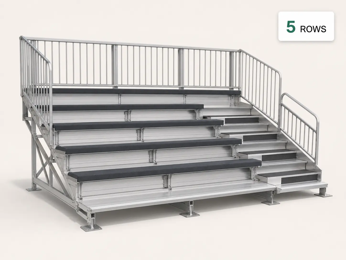 A configured aluminium grandstand seating system as a dealer presents it to a buyer, with the chosen row count, rise, and guardrail picked out.