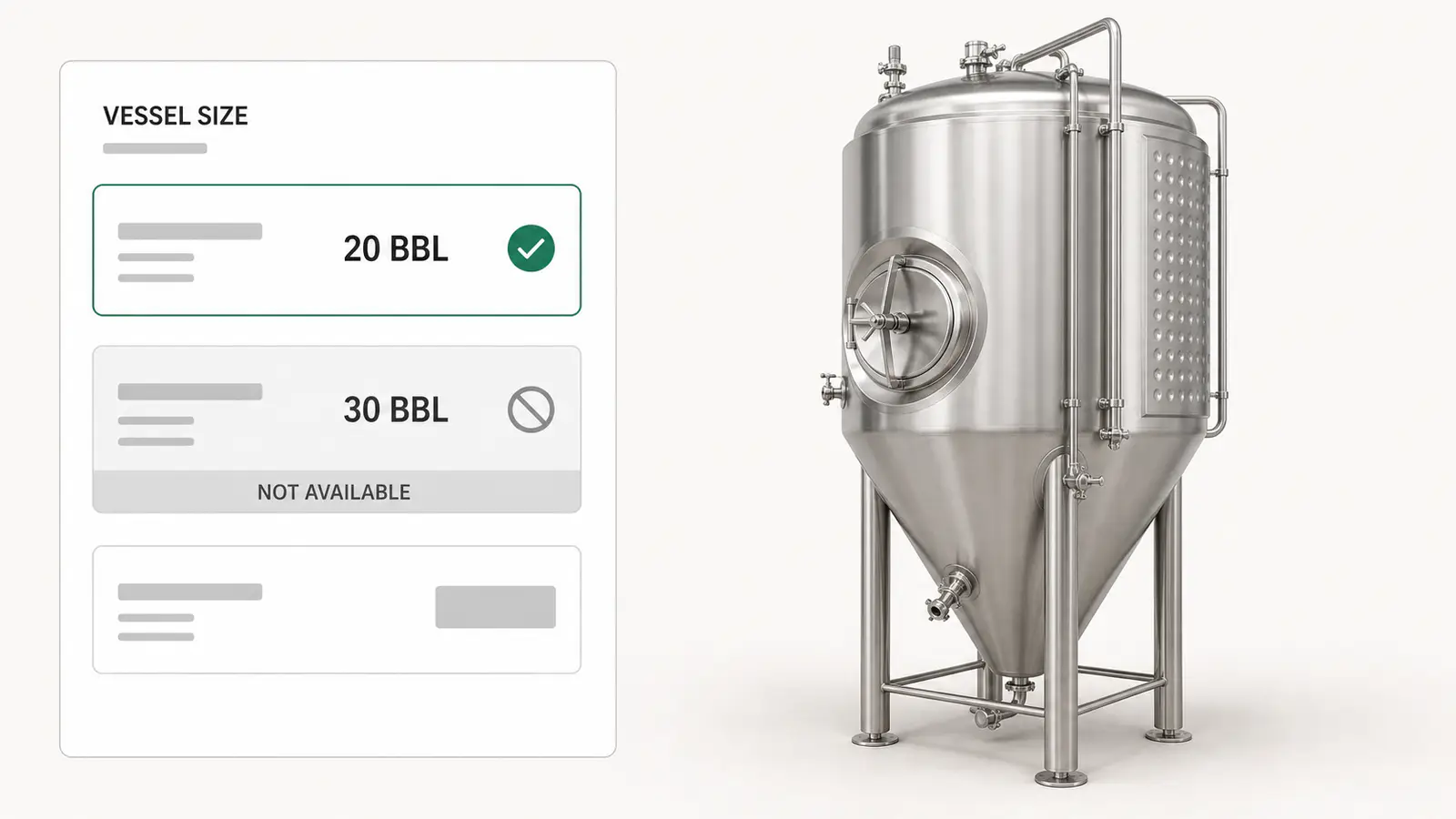 Dealer configuring a stainless steel brewhouse fermentation tank on screen, with the vessel size selected and an incompatible fitting ruled out by the manufacturer's own rules.