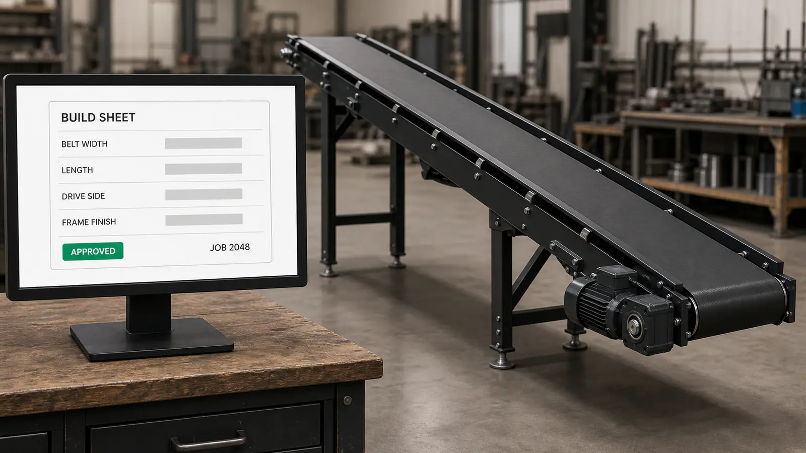 The approved build sheet for a configured belt conveyor system open on a shop floor terminal, with the job number carried through from the dealer's order.