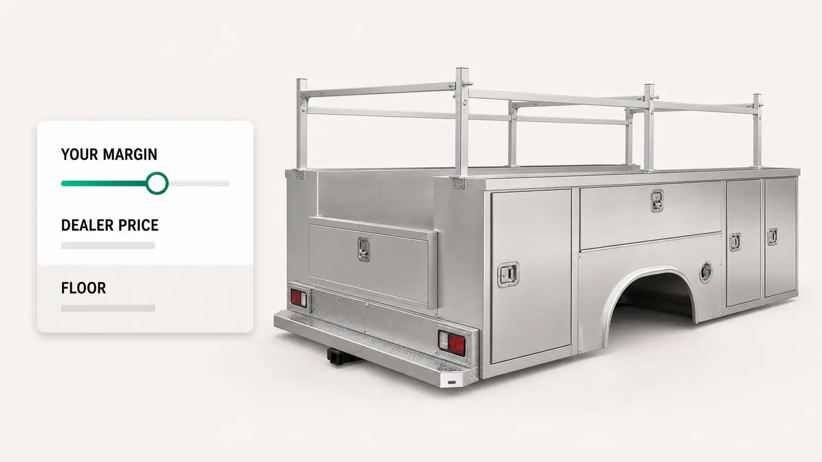 A dealer adjusting their own margin on a configured aluminium truck service body, with the manufacturer's floor price held underneath.