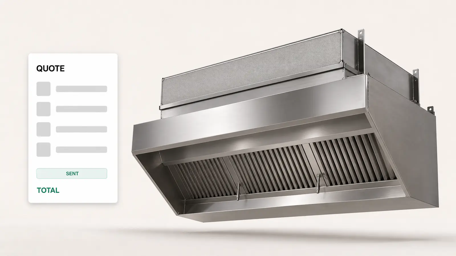 A finished quote document for a configured stainless steel commercial exhaust hood, ready to send with the options and the total already on it.