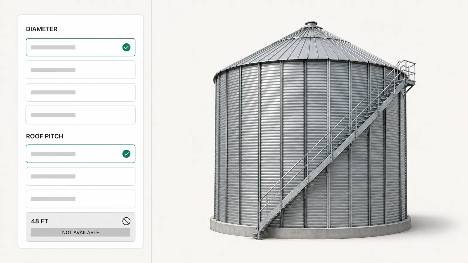 Option rules behind a configured galvanized grain storage bin, with a roof and diameter combination the shop will not build ruled out.