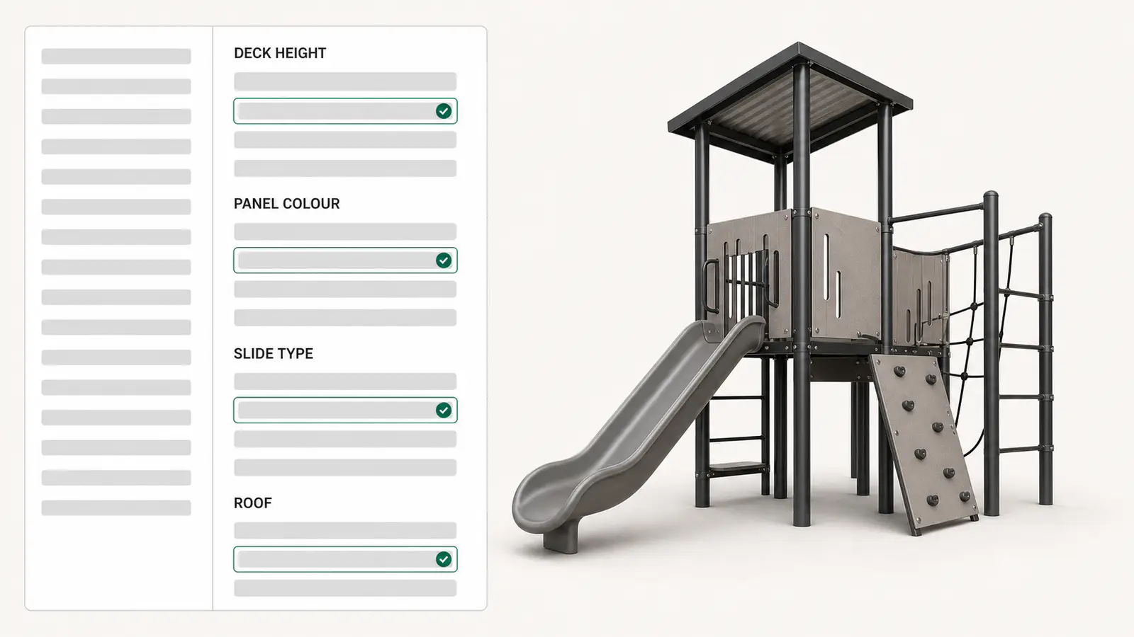 A manufacturer's option list for a modular playground climbing frame becoming the option groups a dealer picks from.