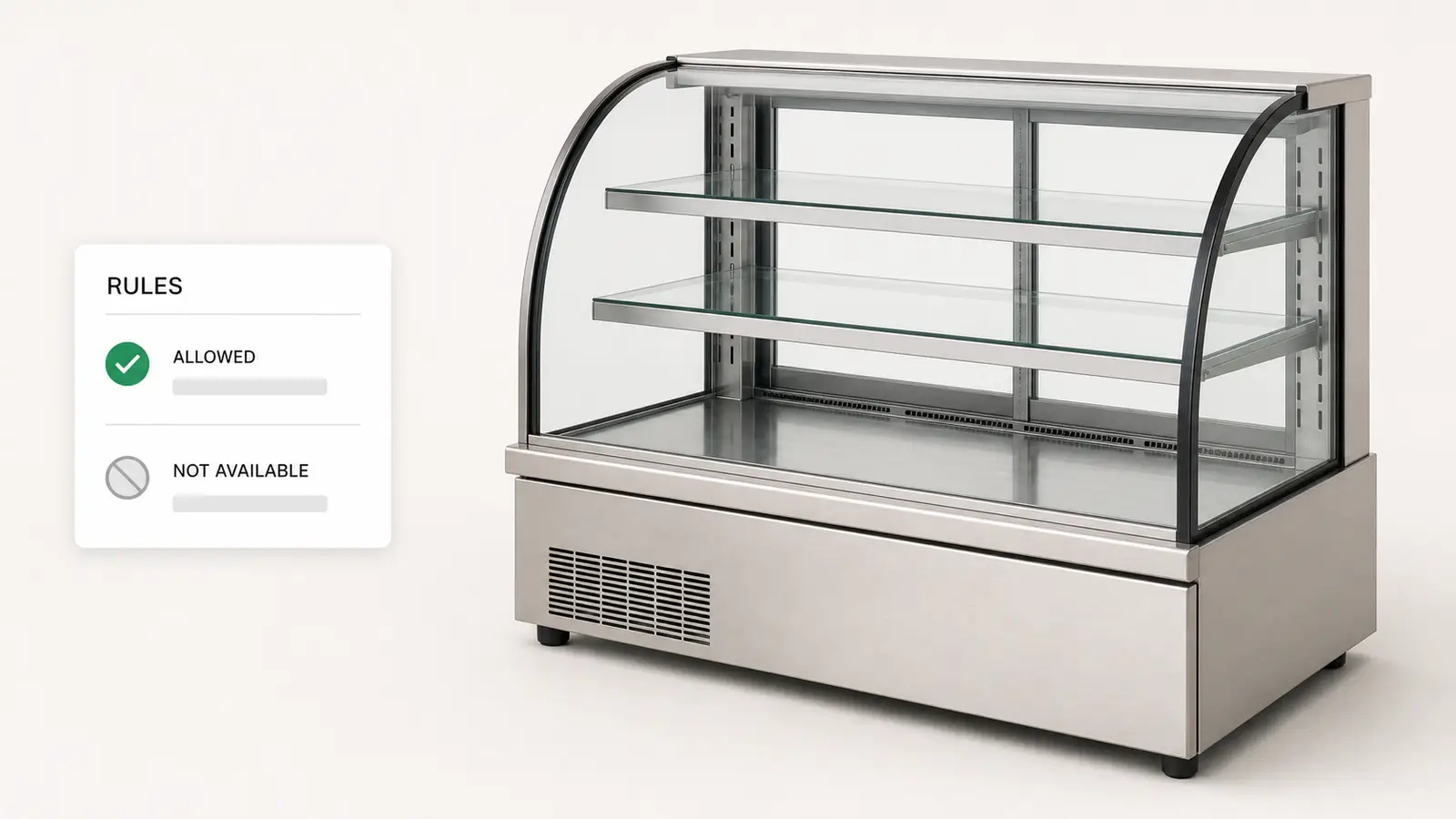 Shop rules being set behind a configured refrigerated display case, with the combination the factory will not build ruled out.