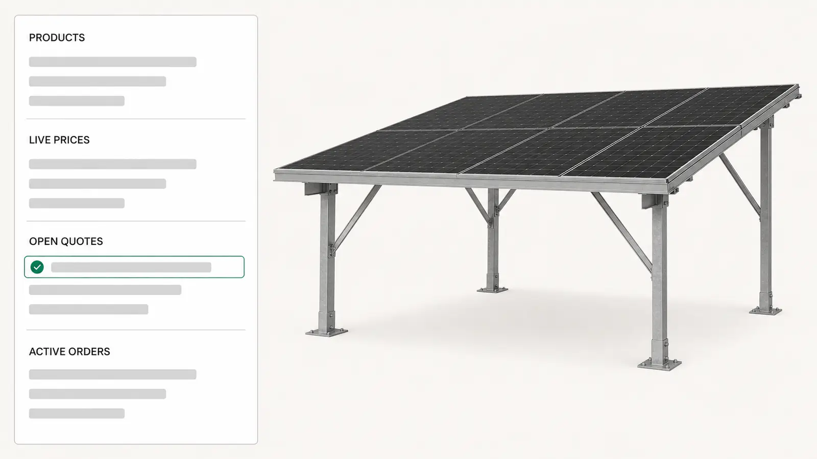 CPQ software for manufacturing shown as one shared manufacturer and dealer dashboard for a configurable solar carport canopy, with products, live prices, open quotes, and active orders.