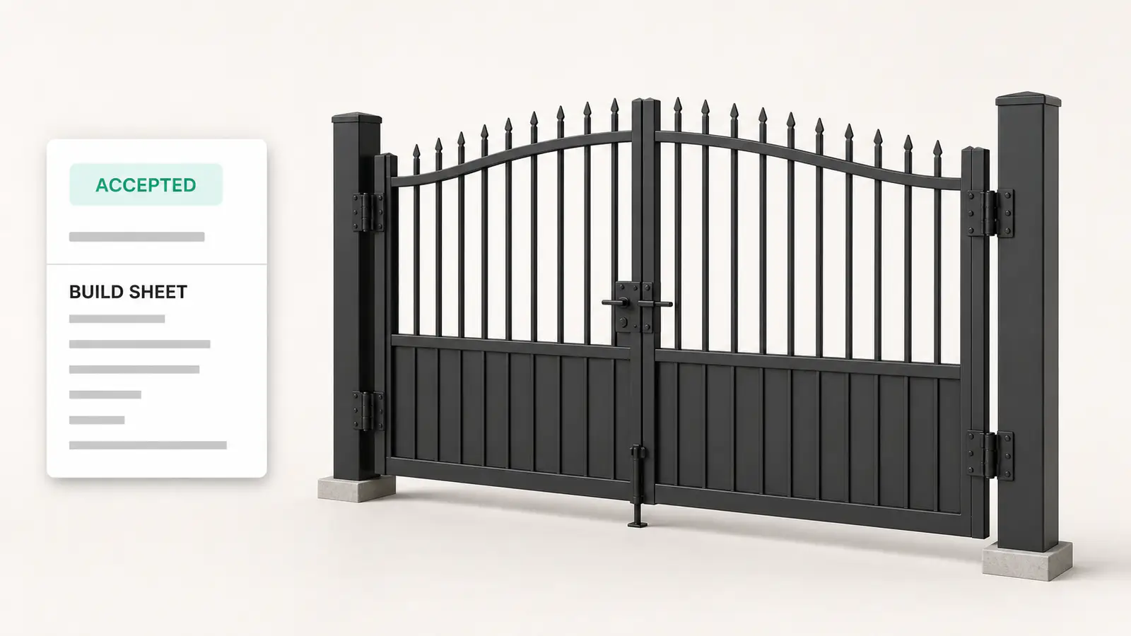 A signed quote for a configured ornamental aluminium driveway gate turning into the build sheet the shop works from.