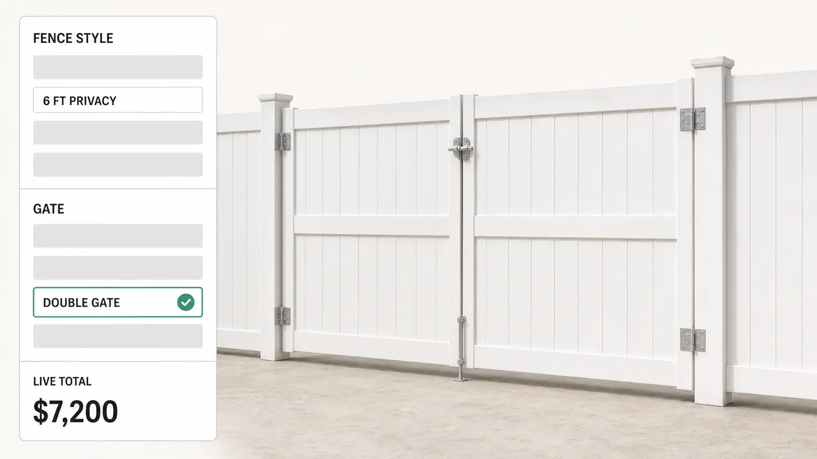 A CPQ configurator mid-quote, option rail on the left and a white vinyl privacy fence on the right, the total updating as a gate option is picked