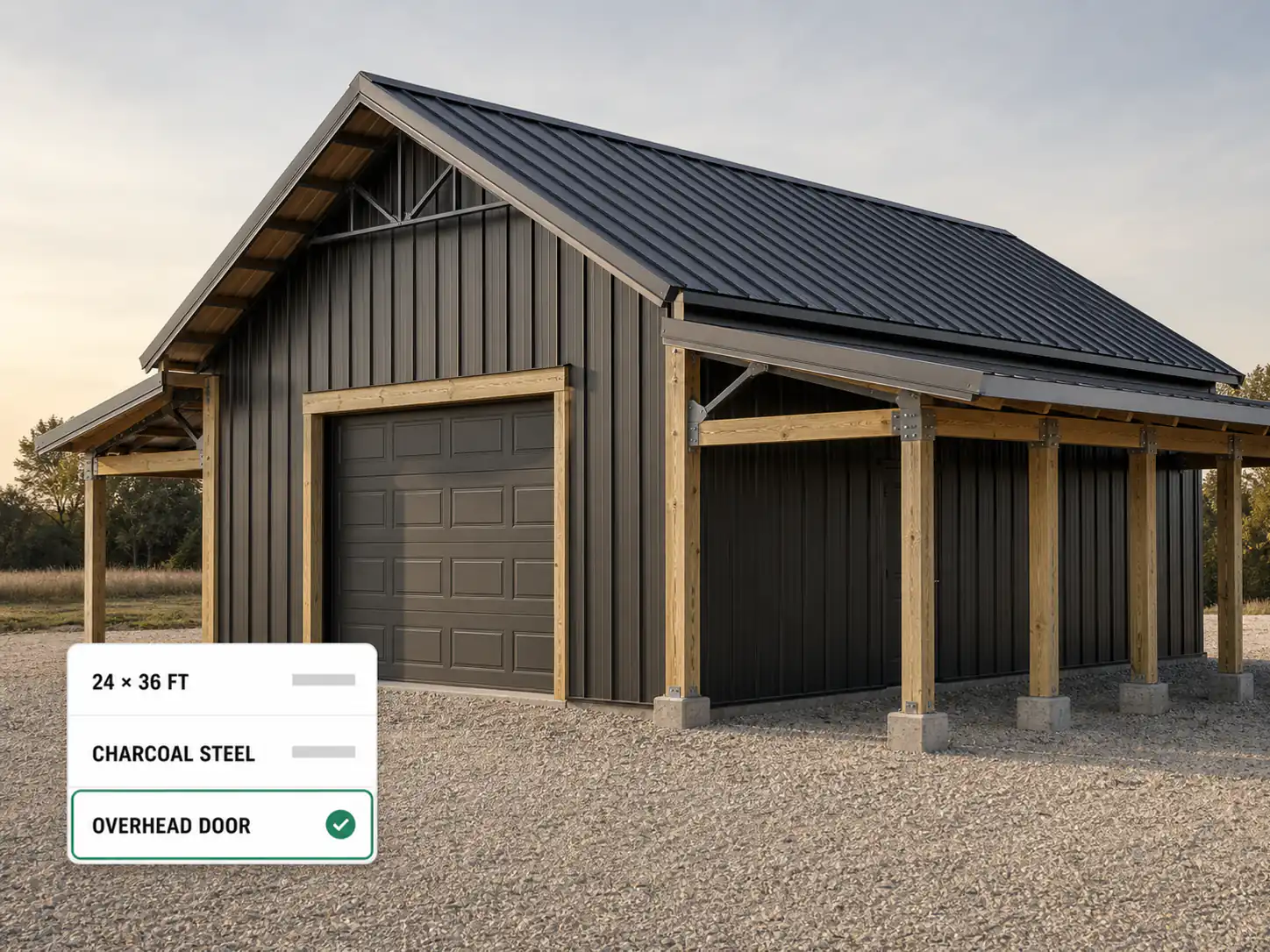 A post frame pole barn with a floating card naming its configured options, the kind of custom build CPQ quoting suits