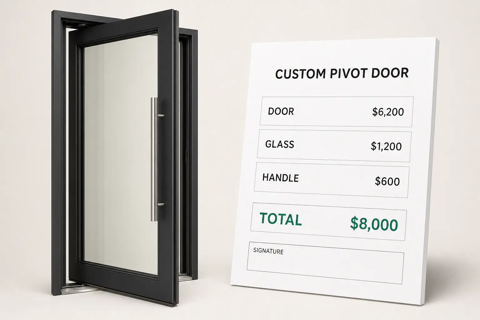 A finished CPQ quote rendered as a physical document beside the custom pivot entry door it prices, every line item matching the configured build