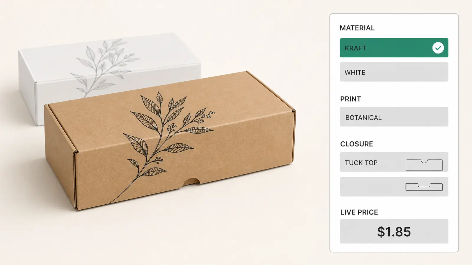 A 2D product configurator changing a folding carton's printed finish and closure while the live price panel stays visible.