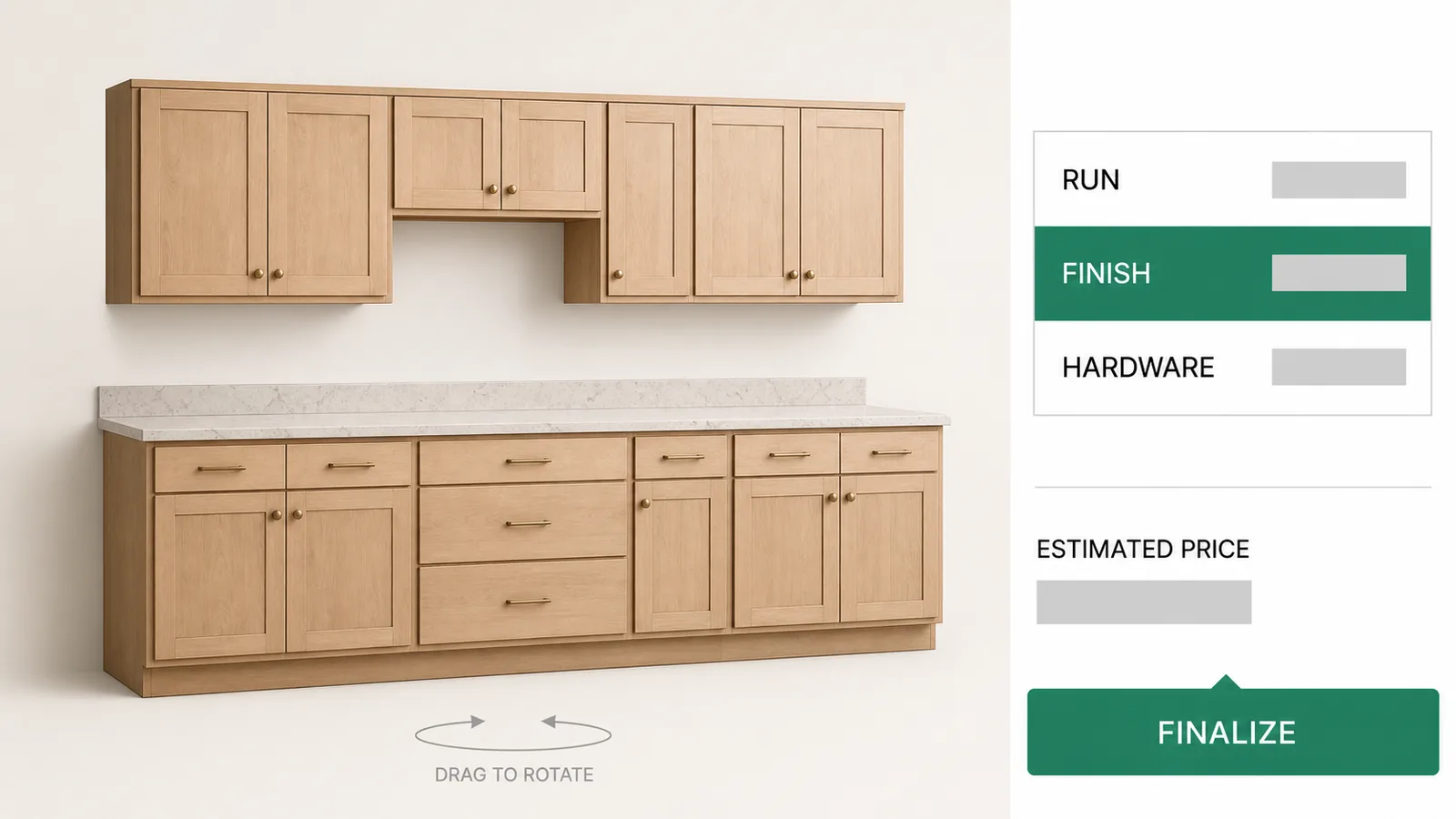 3D product visualization software showing a cabinet run mid-configuration beside its browser option rail.