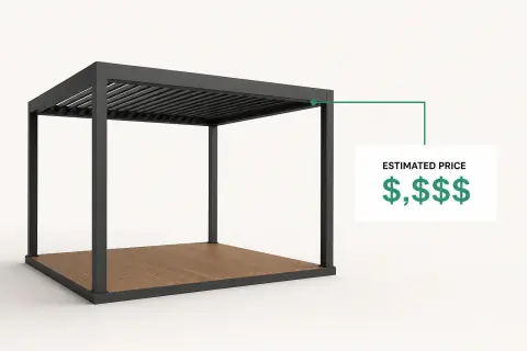 A configured powder coated aluminum pergola beside its estimated price, showing how a live 3D product model becomes a quote.